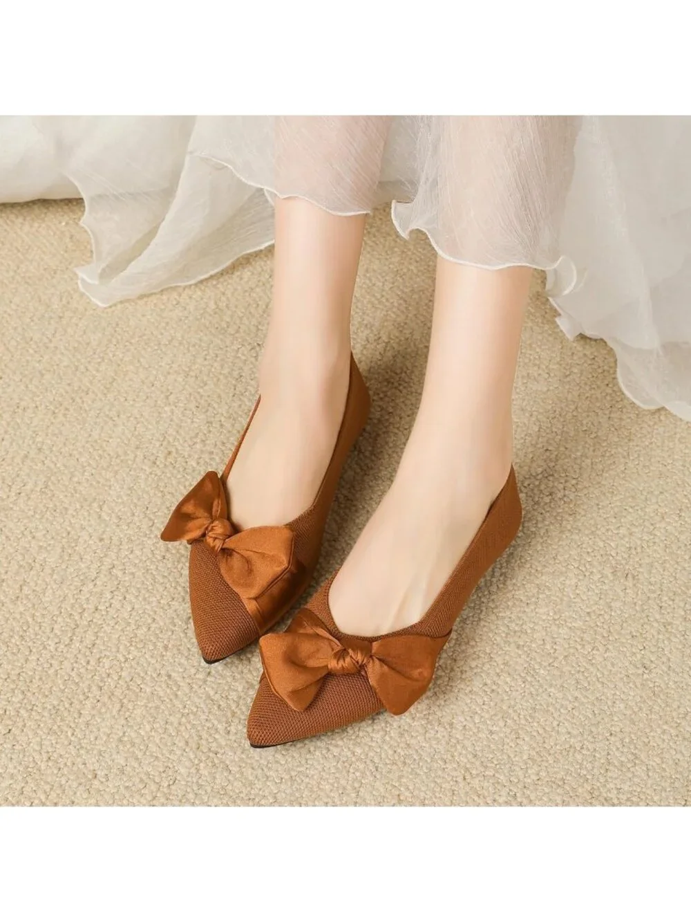 Women's Brown Mesh Pointed Toe Ballet Slip On Comfortable  Flats with Bow Shoes